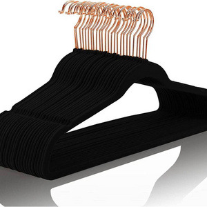 Wholesale 50 Pack Space Saving 360 Swivel Rose Gold Hook Black Flocked Velvet Hangers for Clothing