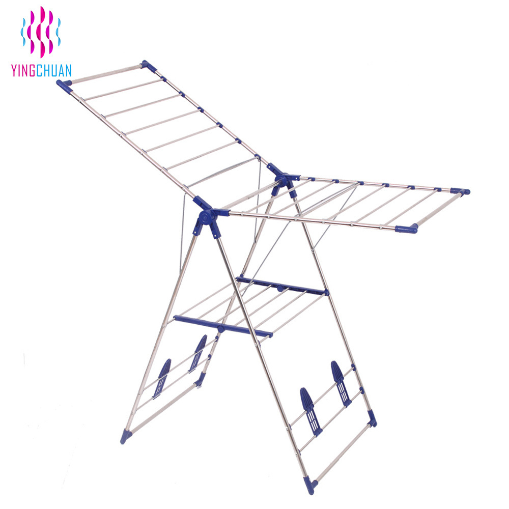 Foldable 2 layers mental material clothes hanger cloth drying rack