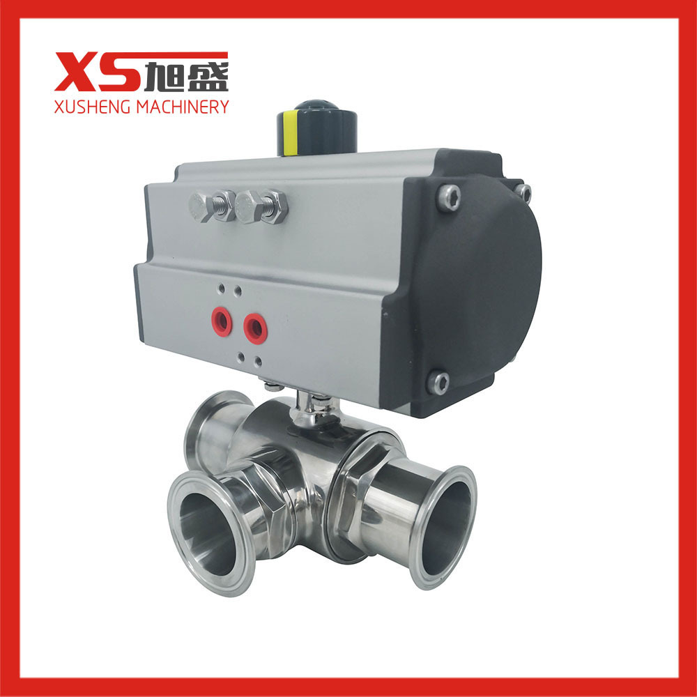 Sanitary Hygienic Stainless steel 304 Tri Clamp Pneumatic Actuated  L type Three Way Ball Valve