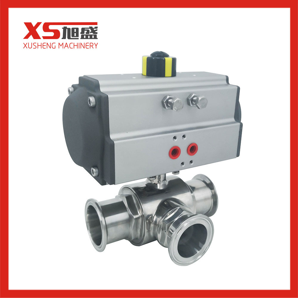 Sanitary Hygienic Stainless steel 304 Tri Clamp Pneumatic Actuated  L type Three Way Ball Valve