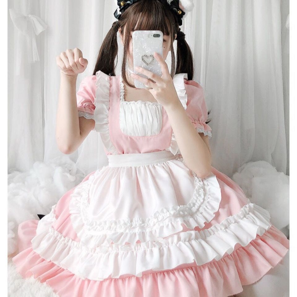 Wholesale Women Cute Lolita Maid costume Pink Cat Pow big Bow Cake Dress Short Sleeve Japanese Cosplay Waitress Outfit for Girl