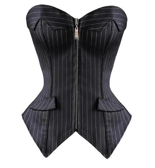 Caudatus Overbust Corsets for Women Striped Office Party Plus Size Corsets and Bustiers Zipper Lingerie Tops Korsett Black