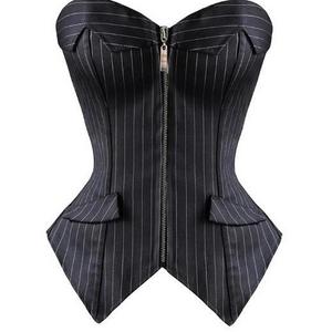 Caudatus Overbust Corsets for Women Striped Office Party Plus Size Corsets and Bustiers Zipper Lingerie Tops Korsett Black