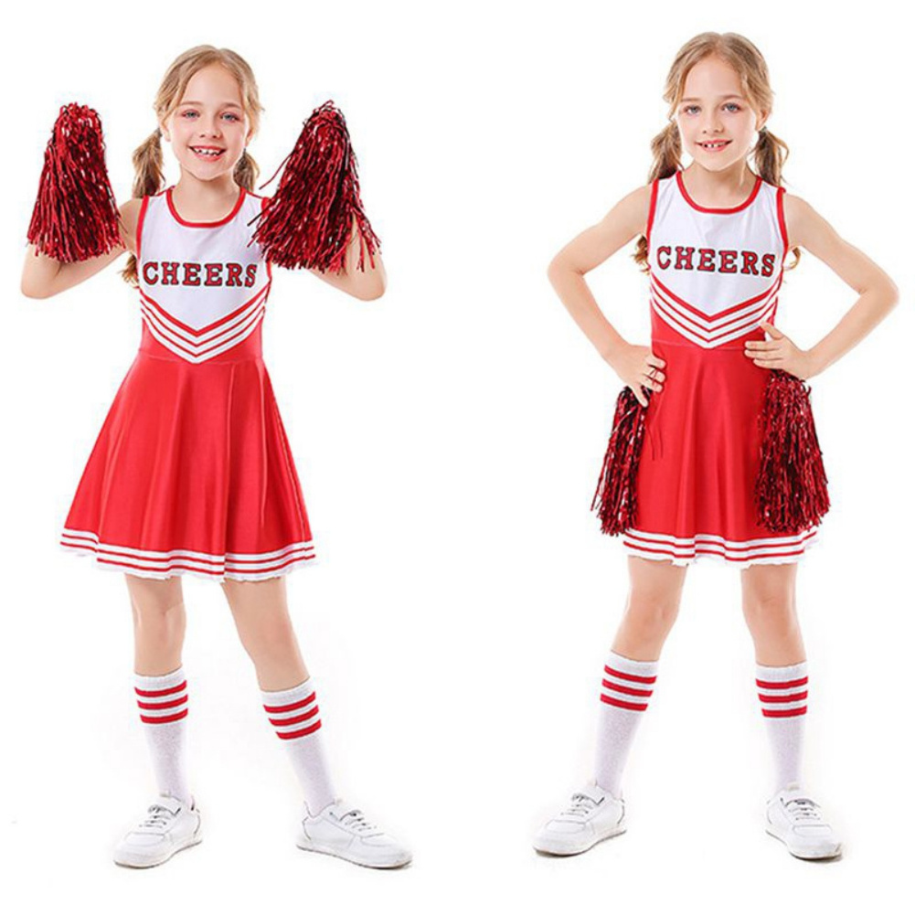 Kid Girls Cheerleader Costume Dress Pompoms Outfit Purim Schoolgirl Cheer Stage Performance Cheerleading Uniform