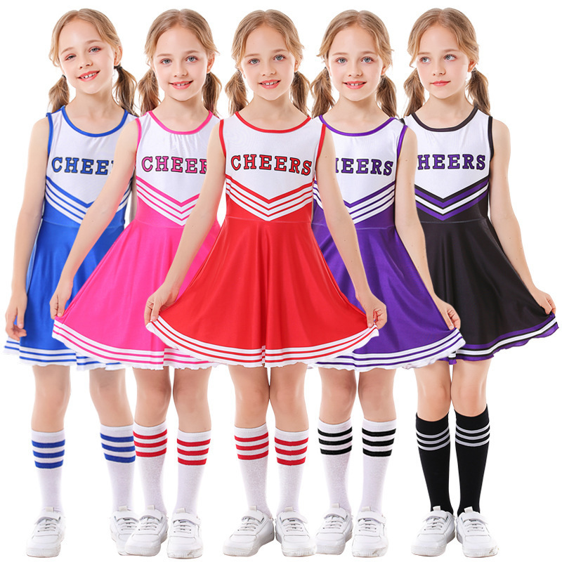 Kid Girls Cheerleader Costume Dress Pompoms Outfit Purim Schoolgirl Cheer Stage Performance Cheerleading Uniform