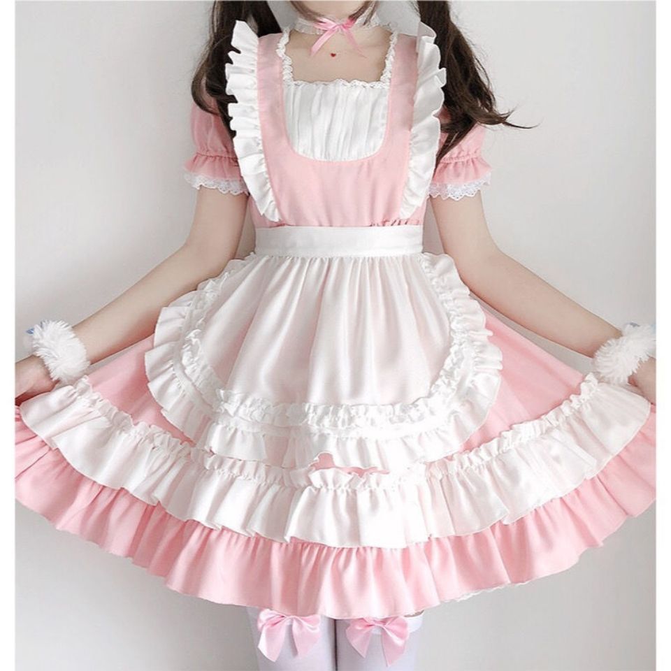 Wholesale Women Cute Lolita Maid costume Pink Cat Pow big Bow Cake Dress Short Sleeve Japanese Cosplay Waitress Outfit for Girl