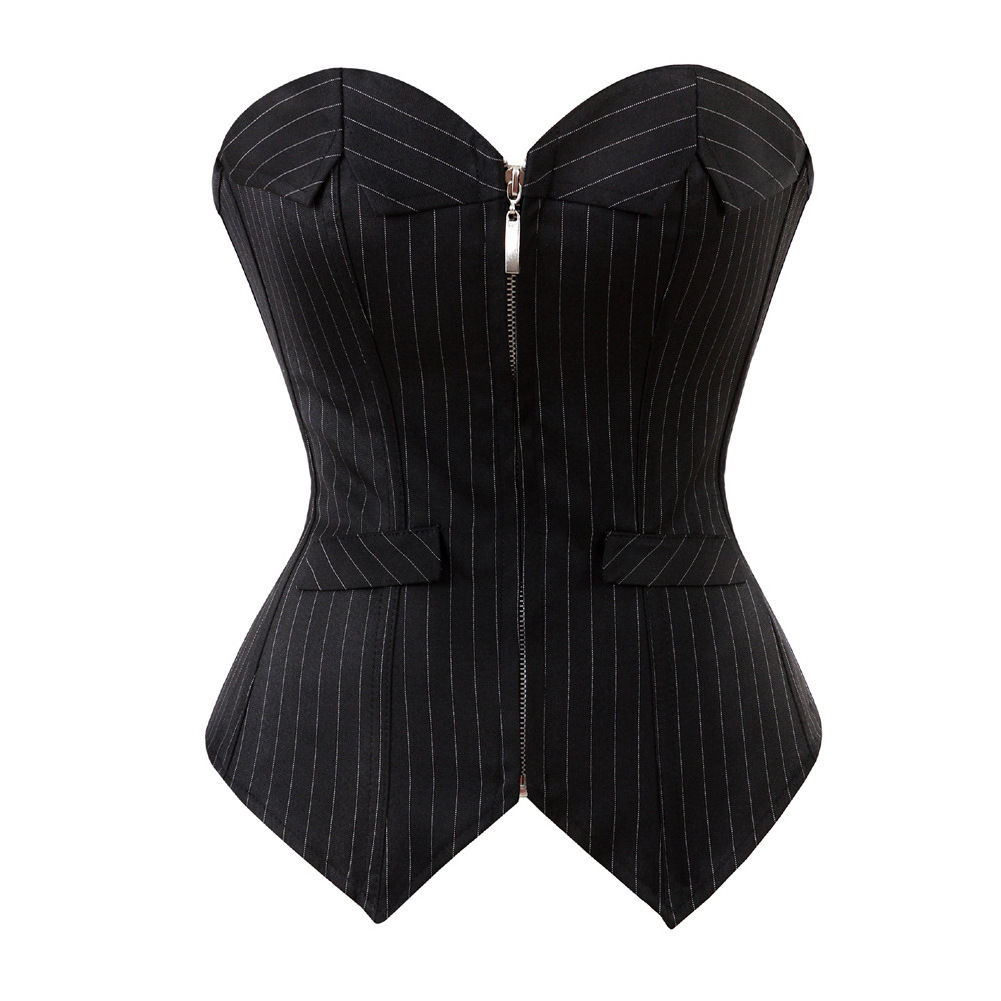 Caudatus Overbust Corsets for Women Striped Office Party Plus Size Corsets and Bustiers Zipper Lingerie Tops Korsett Black