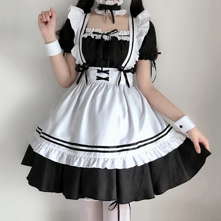 Lolita Maid Dress Girls Women Lovely Maid Cosplay Anime Costumes Lolita Dresses Cafe Waitress Maid Outfit Halloween Costume