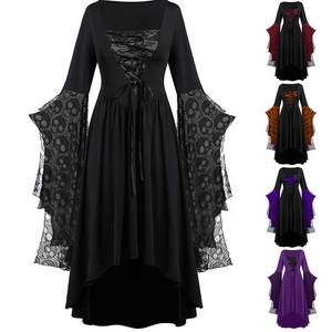 Vintage Halloween Cosplay Costume Witch Vampire Gothic Dress Ghost Dresses Up Party Printed Medieval Ghost Bride Female Clothes