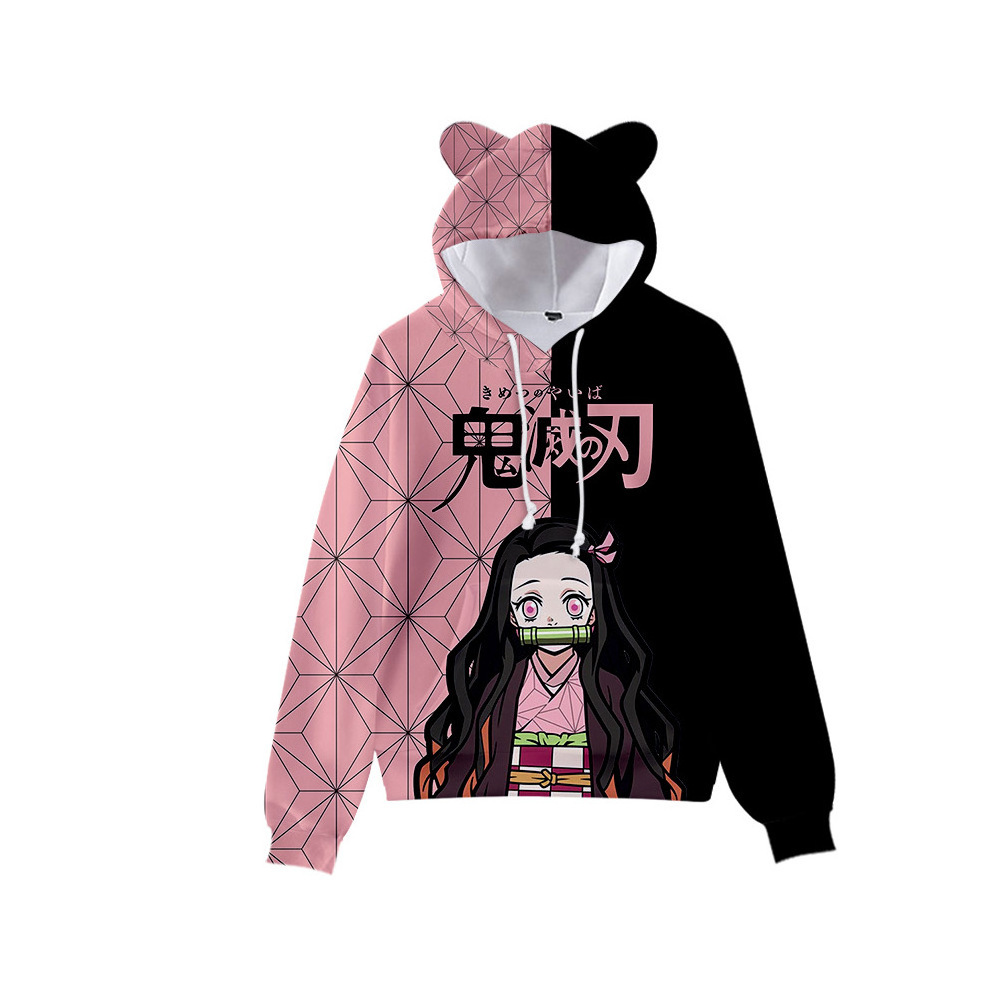 Anime Demon Slayer Pullover Women's Hoodie Cat Ears Cartoon Sweatshirt Teens Boys Girls Cosplay Costume Hoodies Sweatshirts