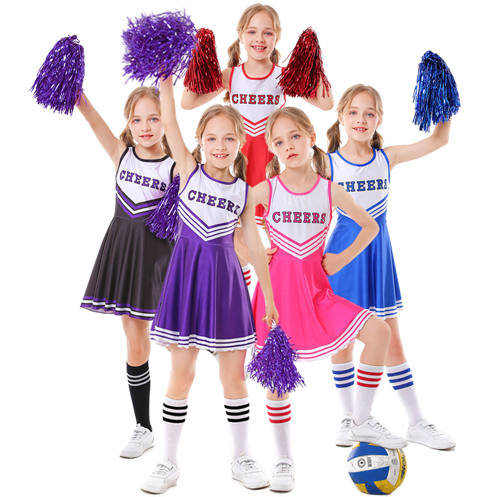 Kid Girls Cheerleader Costume Dress Pompoms Outfit Purim Schoolgirl Cheer Stage Performance Cheerleading Uniform