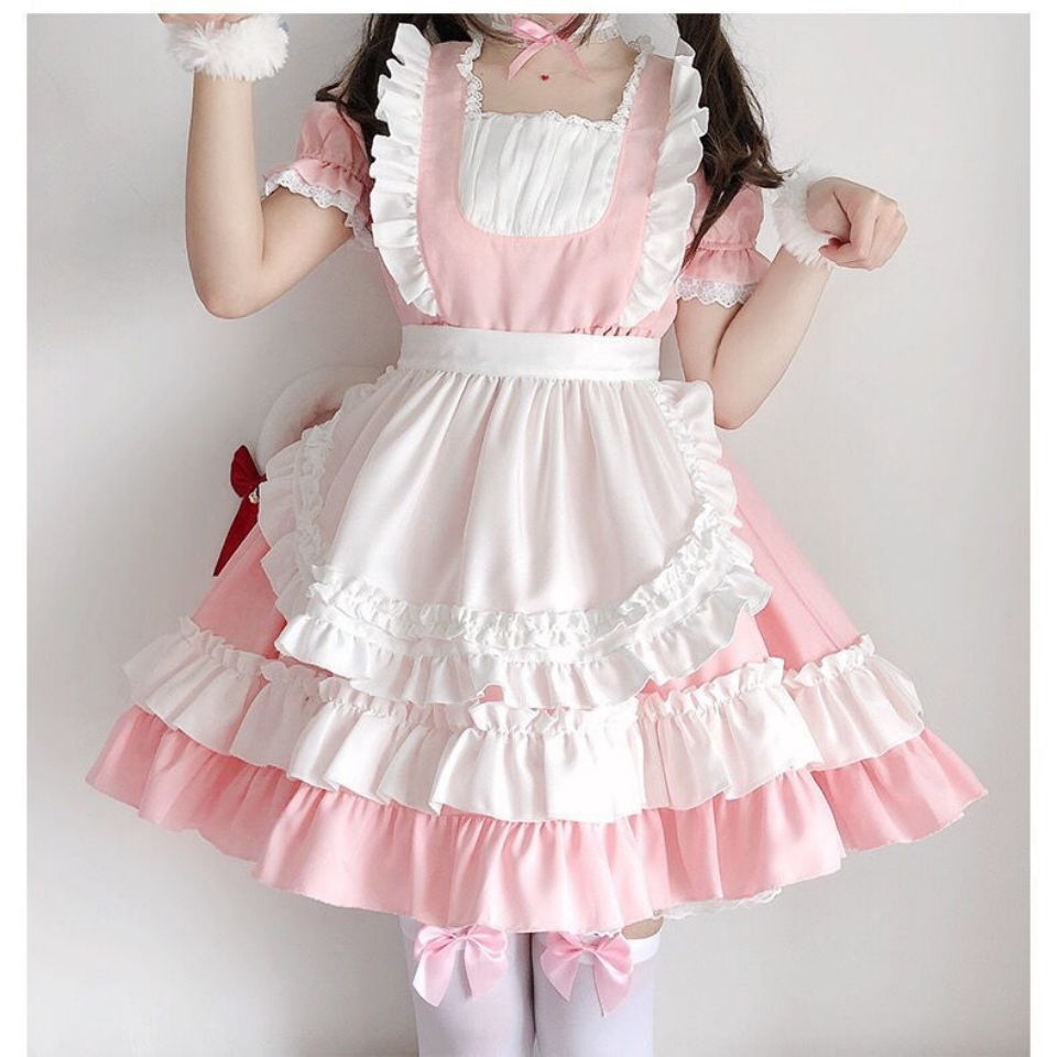 Wholesale Women Cute Lolita Maid costume Pink Cat Pow big Bow Cake Dress Short Sleeve Japanese Cosplay Waitress Outfit for Girl