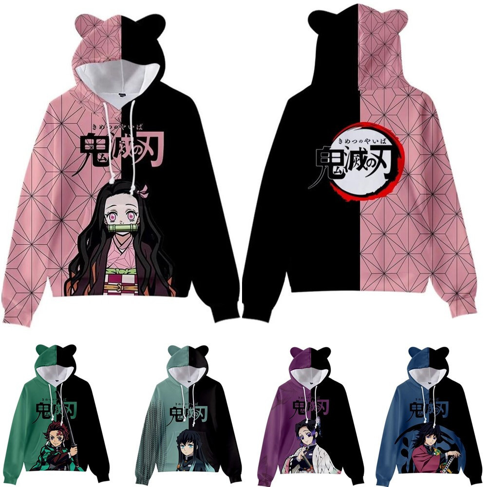 Anime Demon Slayer Pullover Women's Hoodie Cat Ears Cartoon Sweatshirt Teens Boys Girls Cosplay Costume Hoodies Sweatshirts