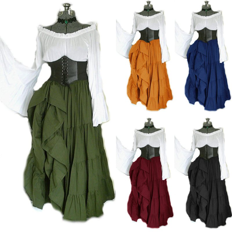 6XL Women Victorian Irish Dress Sexy Off Shoulder Medieval Renaissance Costume Pirate Retro Gown Smocked Waist Maxi Long Dress