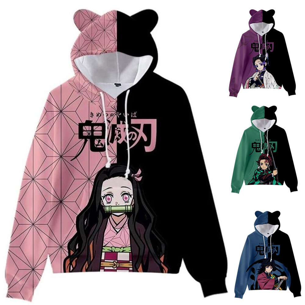 Anime Demon Slayer Pullover Women's Hoodie Cat Ears Cartoon Sweatshirt Teens Boys Girls Cosplay Costume Hoodies Sweatshirts