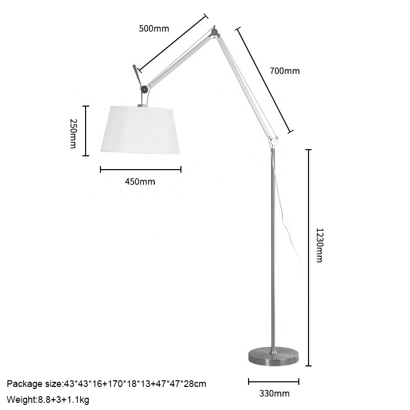 Big Size Adjustable Swing Long Arm Fabric Shade Arc Floor Lamp For Exhibition