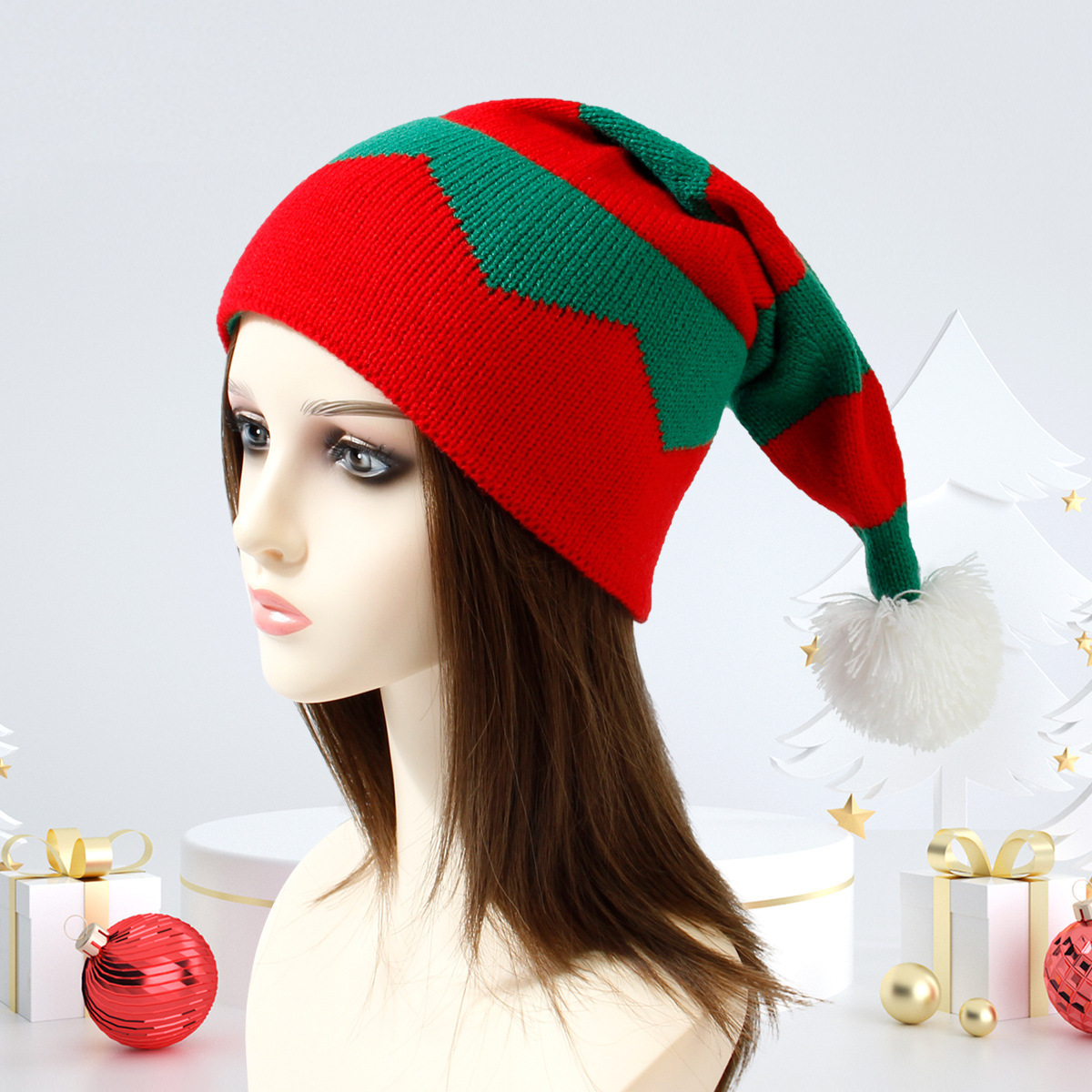 Wholesale Decoration Christmas Hat Winter Knitted Jacquard Hat Merry Christmas Gifts Lovely Red Beanie with Pom for Adult Kids