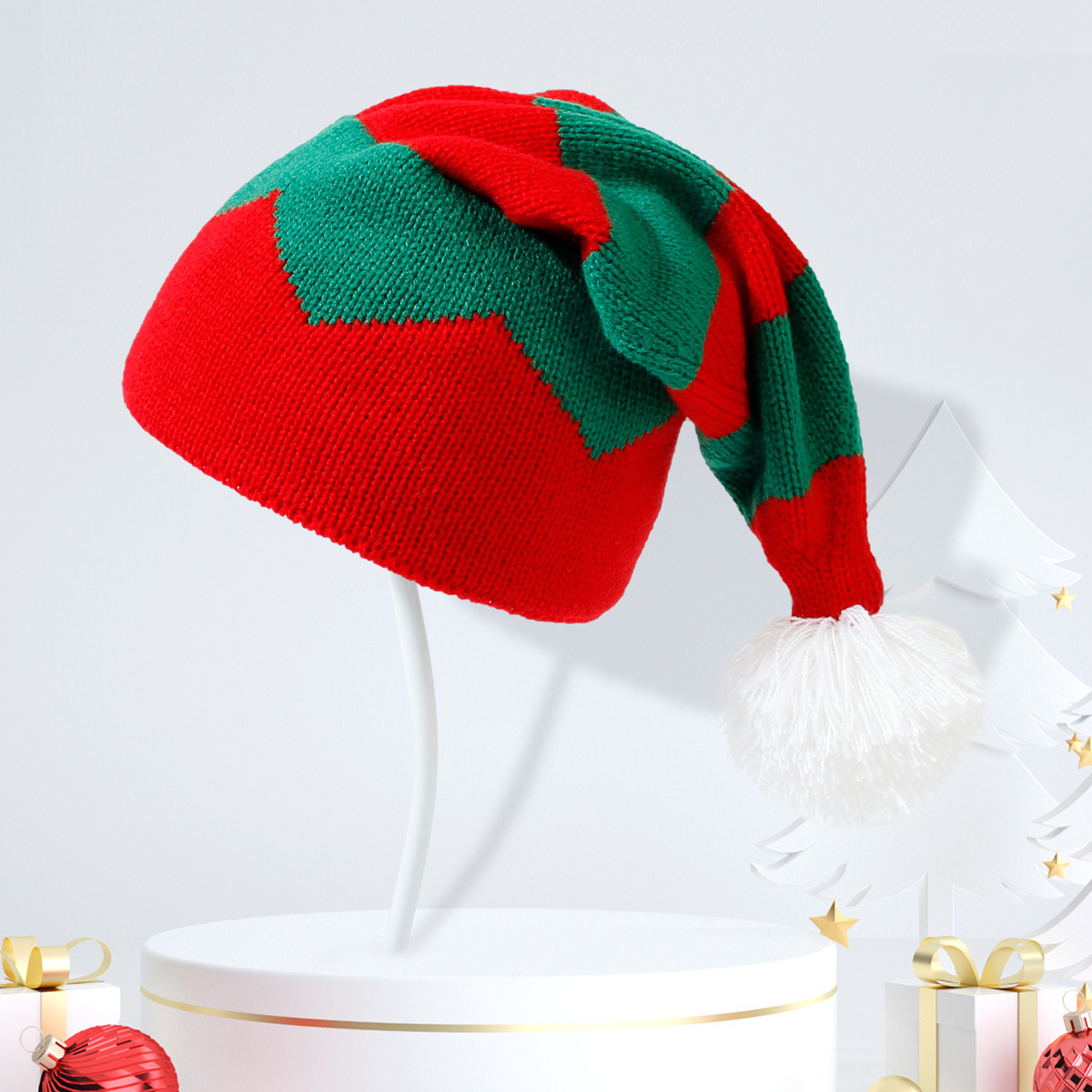 Wholesale Decoration Christmas Hat Winter Knitted Jacquard Hat Merry Christmas Gifts Lovely Red Beanie with Pom for Adult Kids