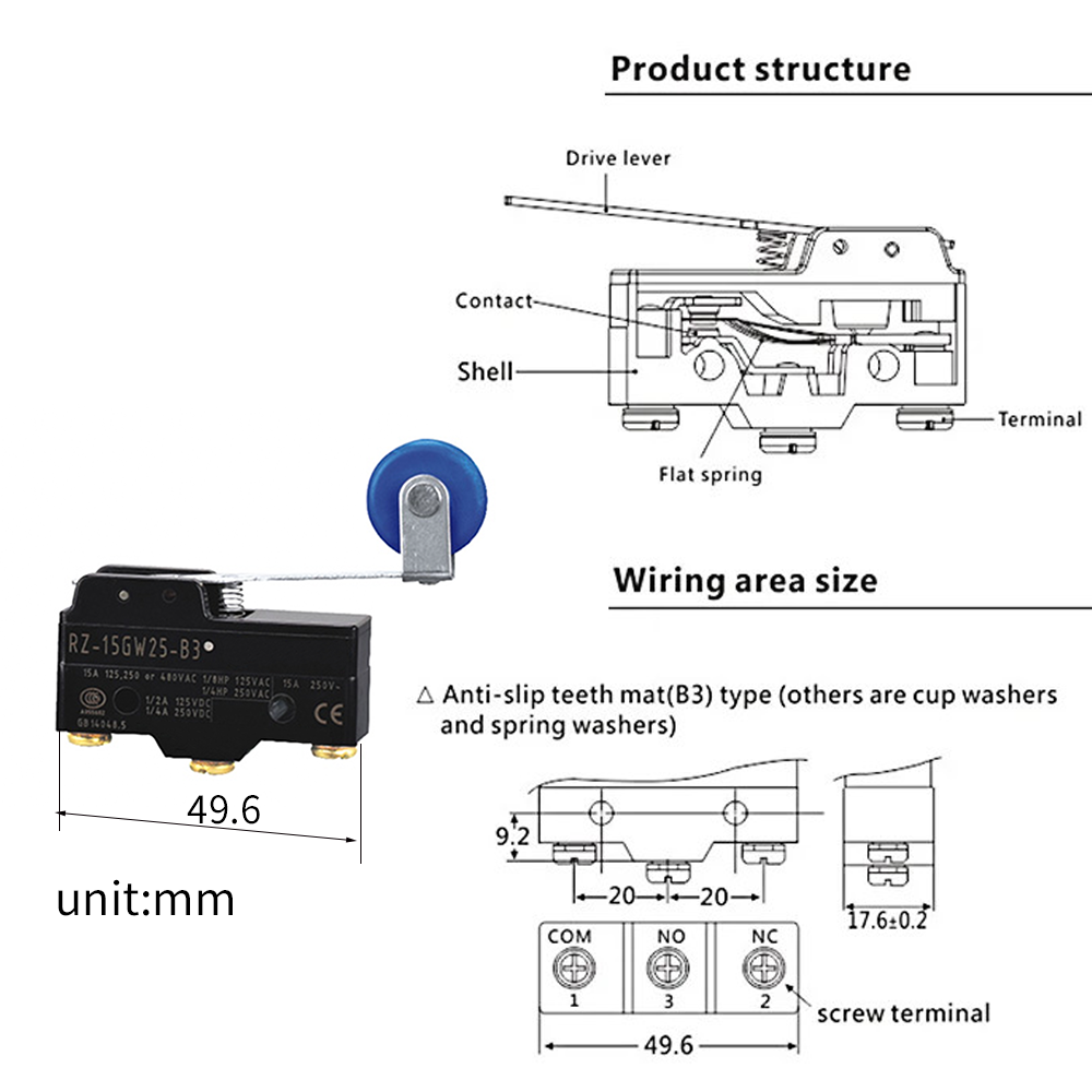 Automotive Micro Switch lever type roller type 15A 125,250VAC;0.5A 125VDC 0.25A 250VDC high quality Rotary Limit Switch