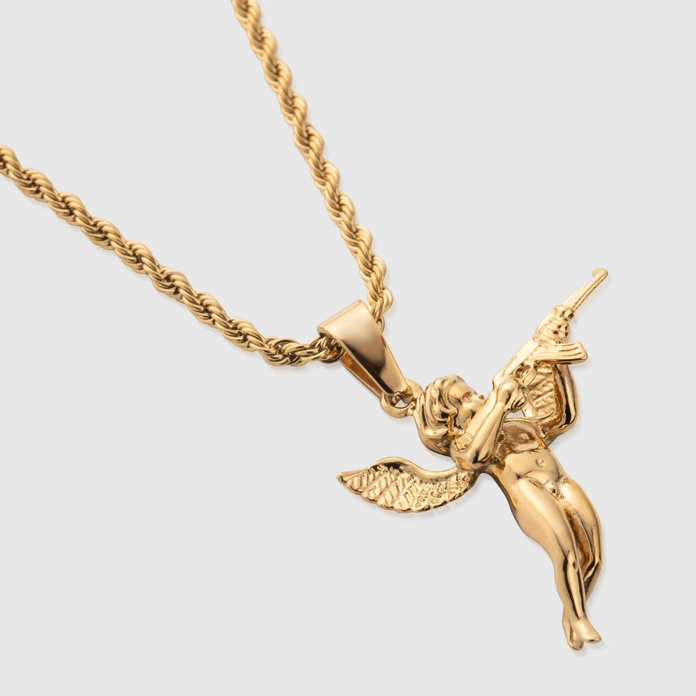 hiphops Men Jewelry Cupids Revenge Angel Pendant 18k Gold Rope Chain 316L Stainless Steel 3D Angel with Gun Necklace