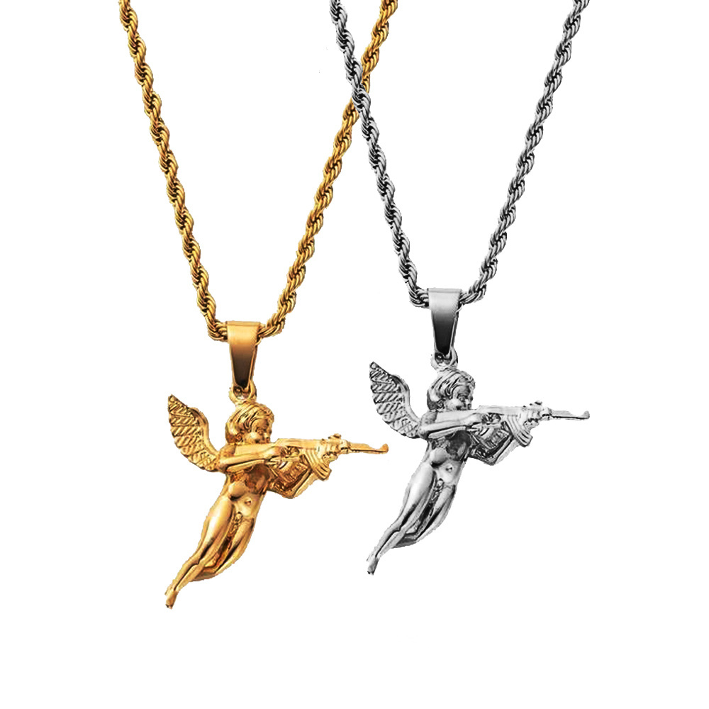 hiphops Men Jewelry Cupids Revenge Angel Pendant 18k Gold Rope Chain 316L Stainless Steel 3D Angel with Gun Necklace