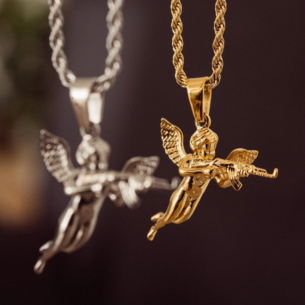 hiphops Men Jewelry Cupids Revenge Angel Pendant 18k Gold Rope Chain 316L Stainless Steel 3D Angel with Gun Necklace