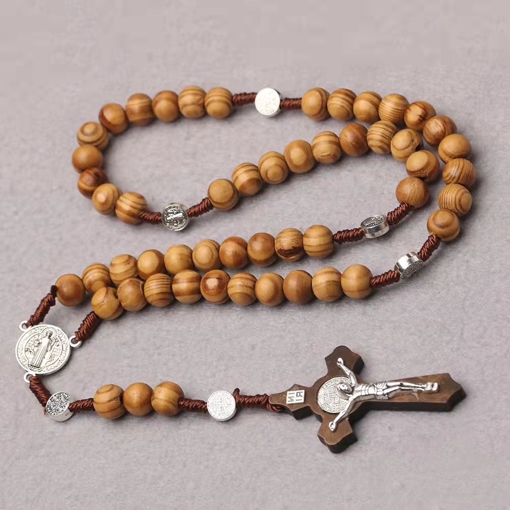 Handmade Braided Wood Beads Catholic Rosary Necklace Christianity Wooden Beaded Virgin Mary Jesus Cross Pendant Necklace