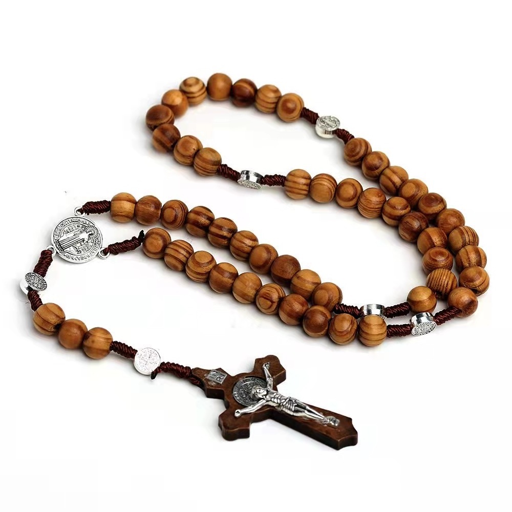 Handmade Braided Wood Beads Catholic Rosary Necklace Christianity Wooden Beaded Virgin Mary Jesus Cross Pendant Necklace