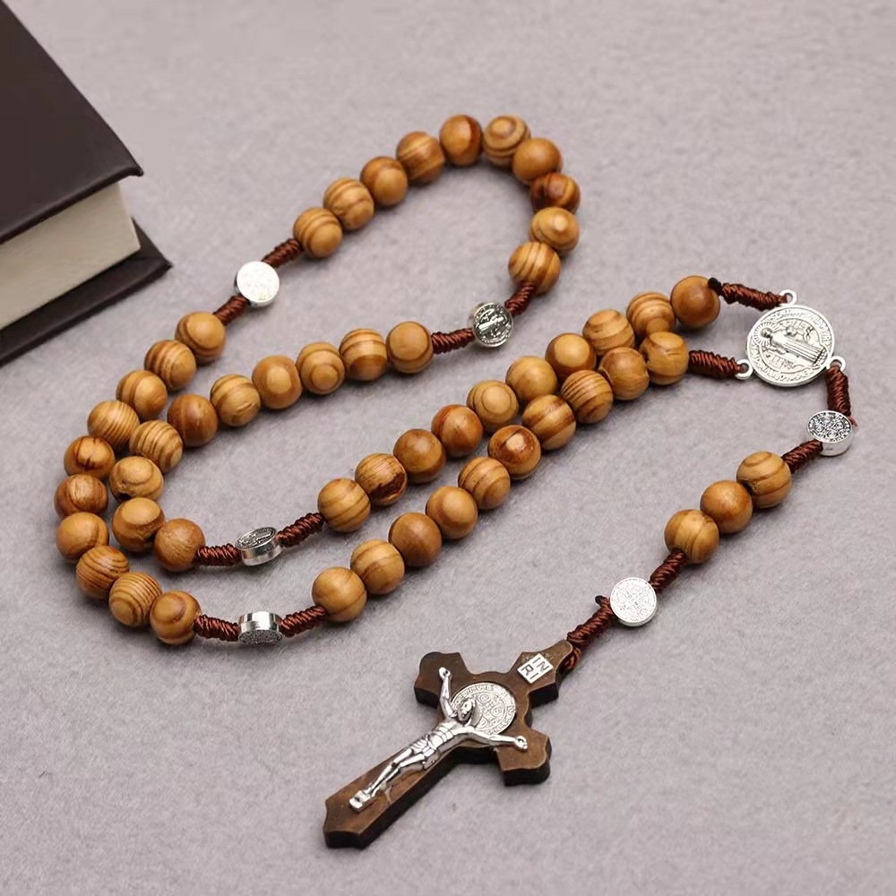 Handmade Braided Wood Beads Catholic Rosary Necklace Christianity Wooden Beaded Virgin Mary Jesus Cross Pendant Necklace