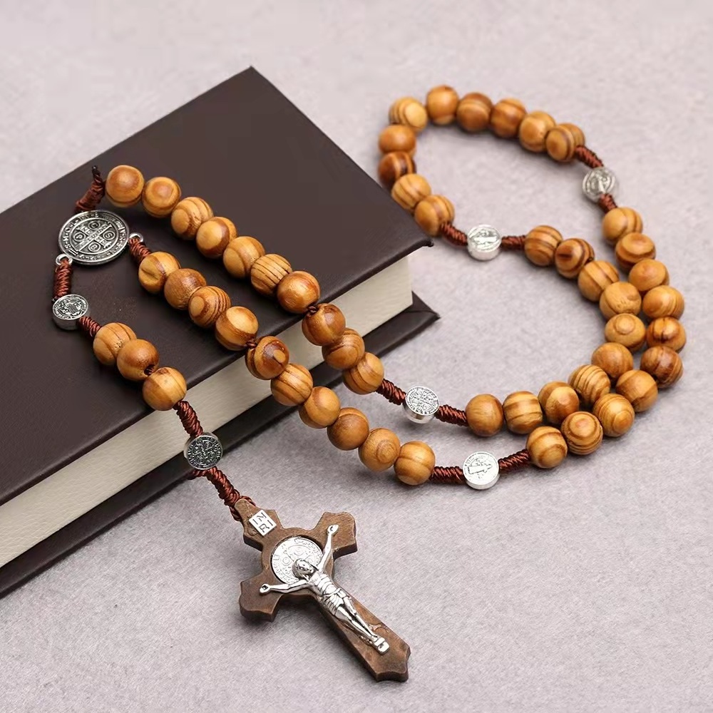 Handmade Braided Wood Beads Catholic Rosary Necklace Christianity Wooden Beaded Virgin Mary Jesus Cross Pendant Necklace