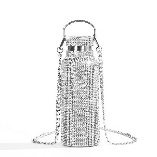 Amazon hot sale gym sports double-wall thermos travel fashion diamond rhinestone crystal water bottle with custom logo for lady