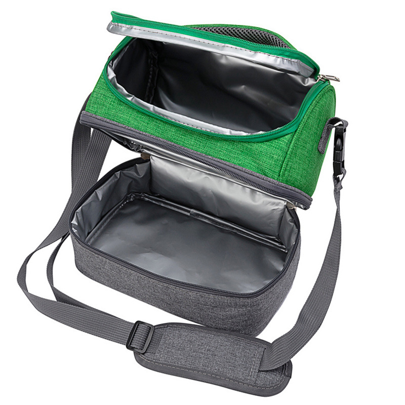 Durable 600D Polyester Fitness Food Grade PEVA Liner 2 Dual Compartments Cool Bag Double Decker Insulated Lunch Bag