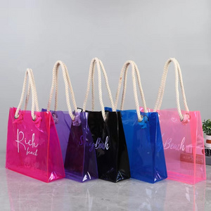 Reasuble Eco Waterproof Vinyl Jelly Clear Shopping Handbag Custom Transparent Neon Plastic PVC Beach Bag With Cotton Handle