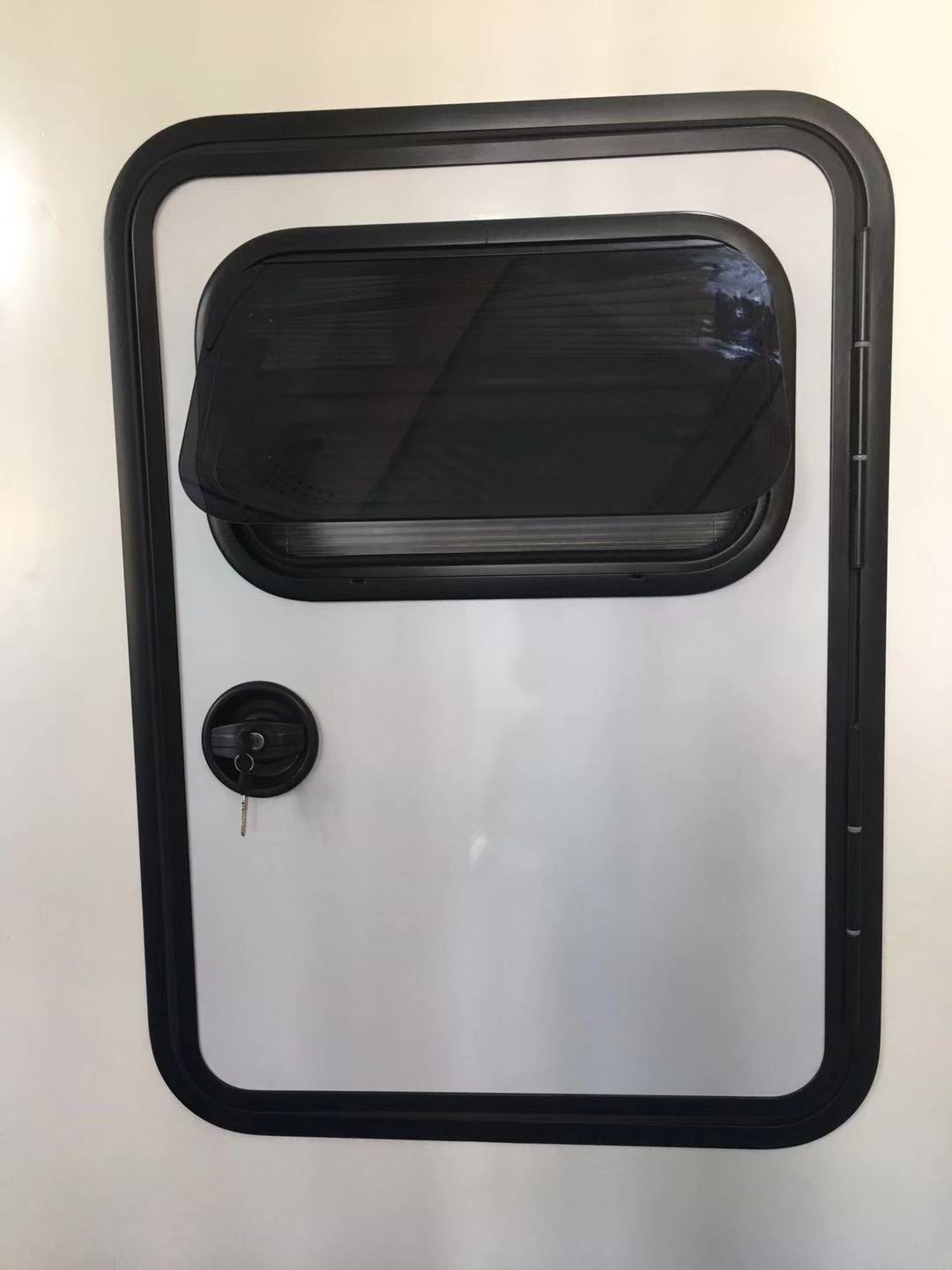 Teardrop Camper trailer doors with openable hinged window and four round corner