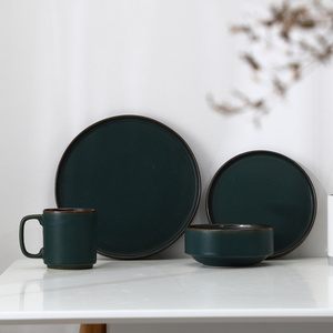 Factory price matte custom logo wedding antique unique dinnerware dark green ceramic dinner set for restaurant