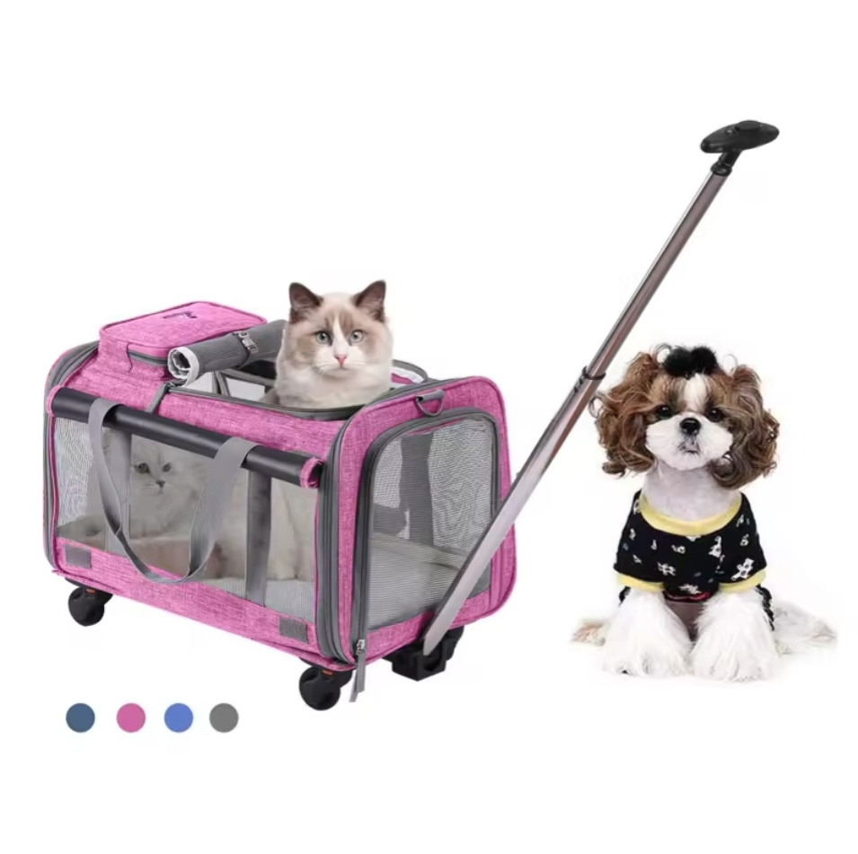 Removable Portable Dual Compartment Rolling Luggage Cat Bag Pet Carrier Pet Trolley Case with Wheeled Carrier Bag