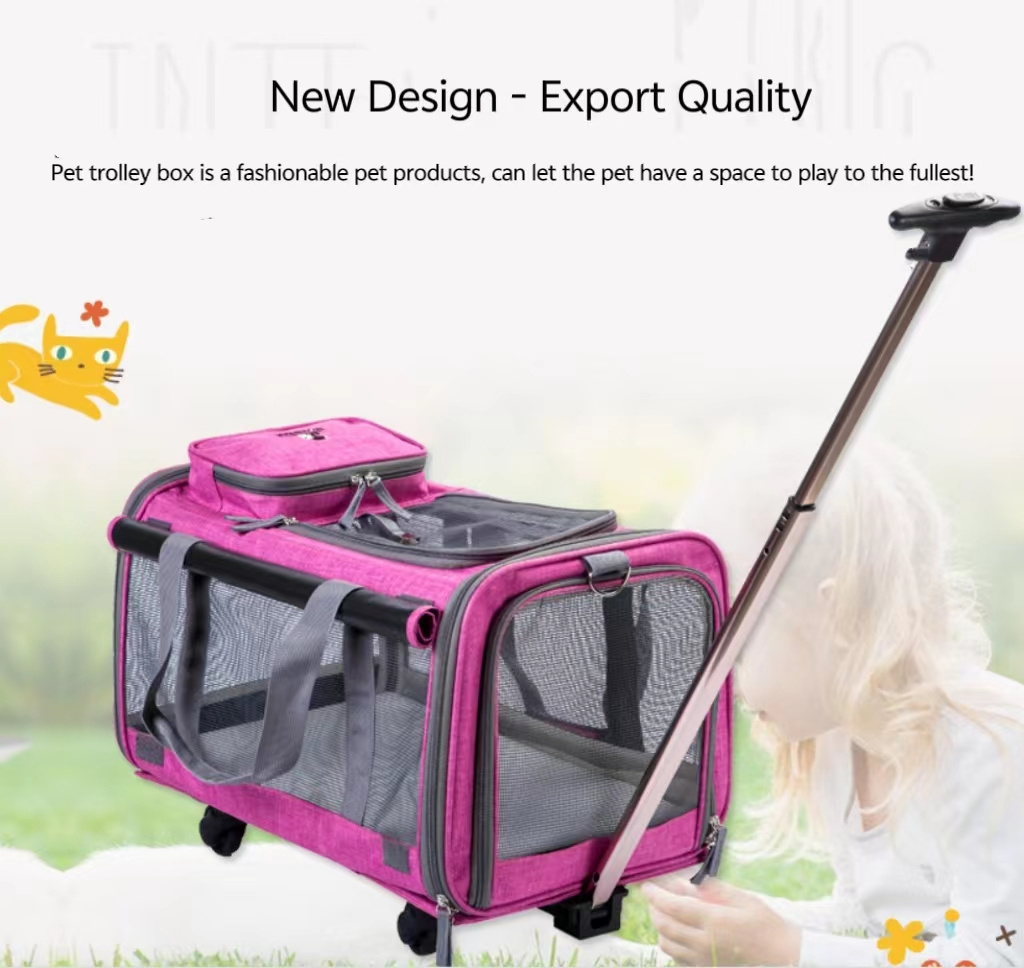 Removable Portable Dual Compartment Rolling Luggage Cat Bag Pet Carrier Pet Trolley Case with Wheeled Carrier Bag