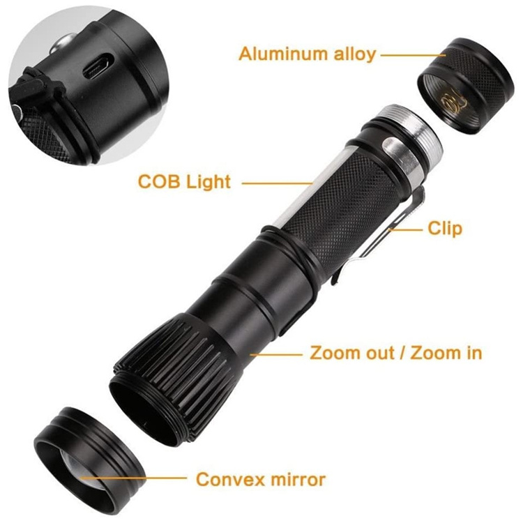 Rechargeable Led Flashlight Zoomble Pocket Torchlight with Clip