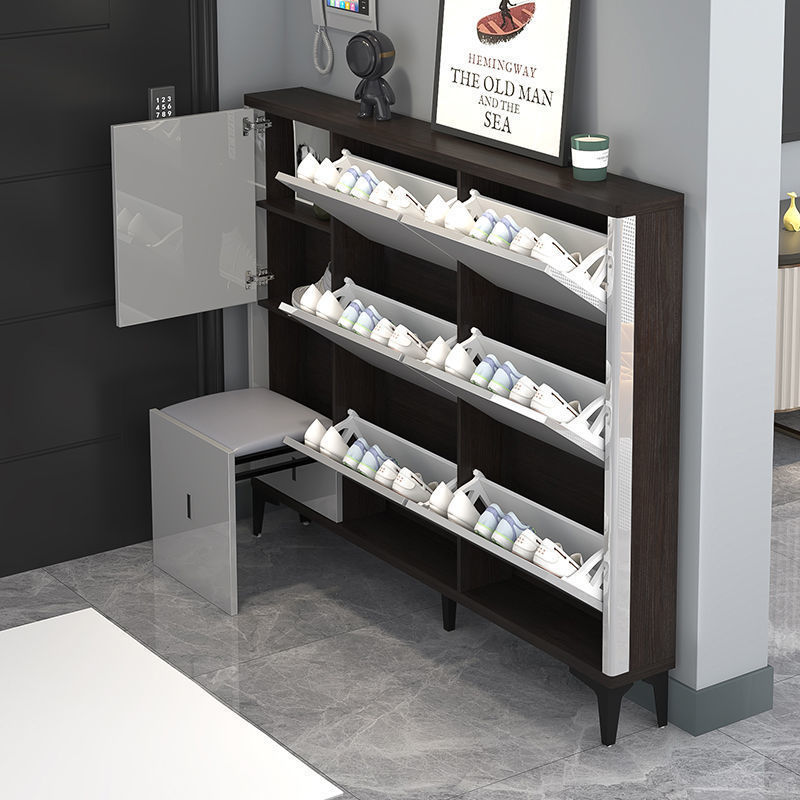 Tipping Bucket Design Narrow Hall Wood Shoe Rack Usage Storage Exquisite Smart Shoe Cabinet With Seat