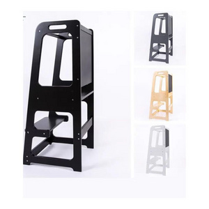 Wooden Bathroom Kitchen Double Layer Standing Step Ladder Adjustable Height Kids Wooden Helper Tower Baby Learning Tower