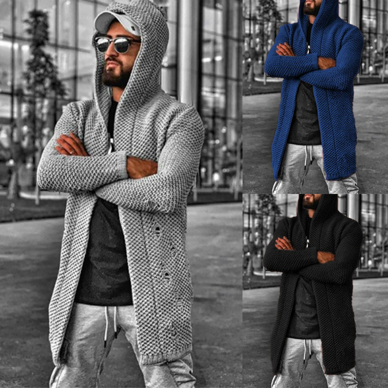 Men's Long Cardigans Sweater Hooded Knit Slim Fit Open Front Longline Cardigan men