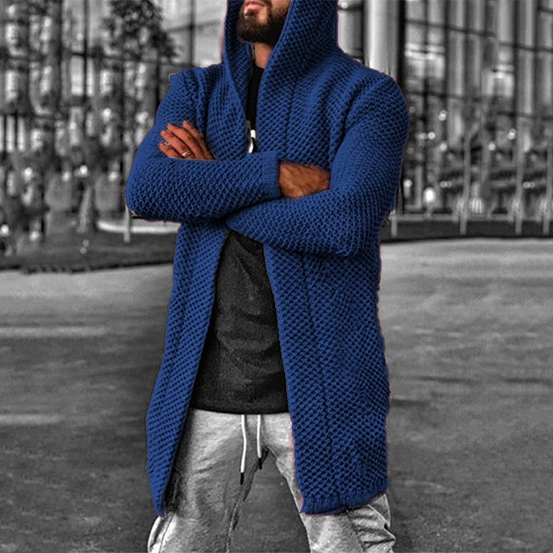 Men's Long Cardigans Sweater Hooded Knit Slim Fit Open Front Longline Cardigan men