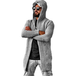 Men's Long Cardigans Sweater Hooded Knit Slim Fit Open Front Longline Cardigan men