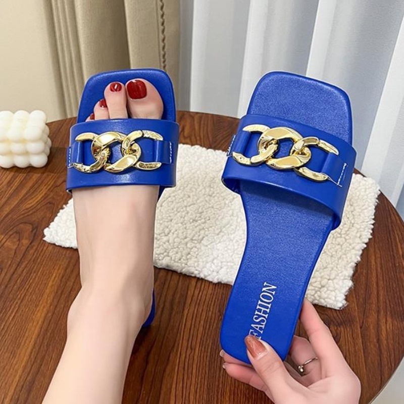 New fashion metal buckle large size sandals women's flat comfortable non-slip open toe slippers casual beach shoes flip-flops