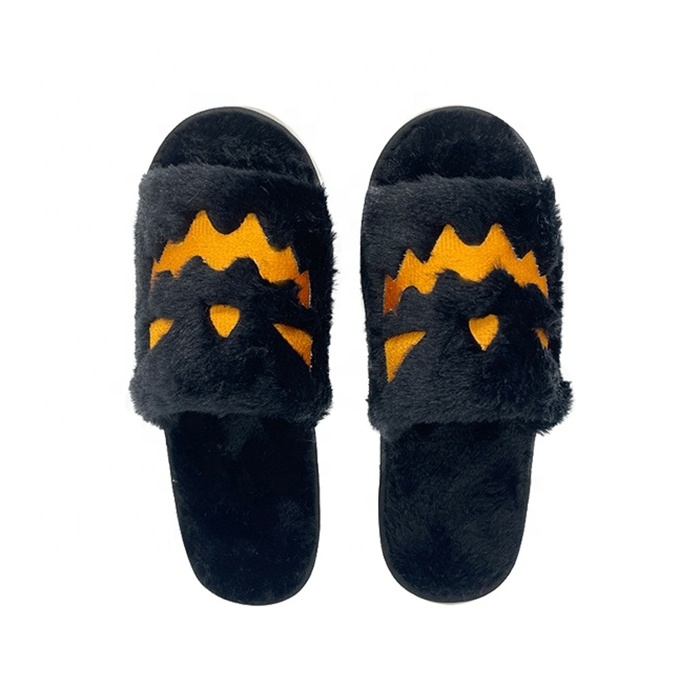 Women Halloween Pumpkin Soft Comfy Open Toe Keep warm Slippers Faux Fur Couples home bedroom Shoes