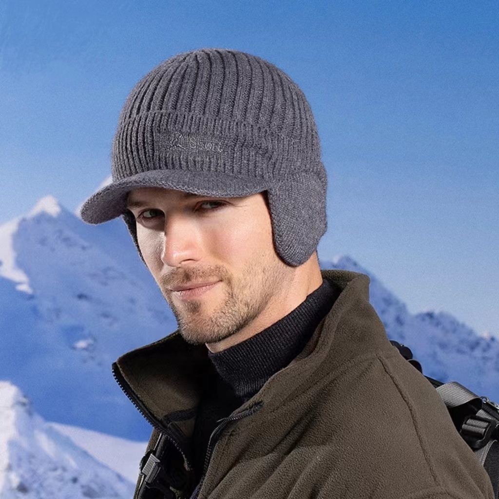 Winter Warm Visor Beanie with Suppressible Ear Elap for Men Women Outdoor Soft Fleece Lined Hat Knit Skull Baseball Cap