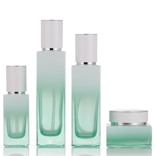 luxury green pink frosted cosmetics glass jars bottles set container with lids for cosmetic packaging