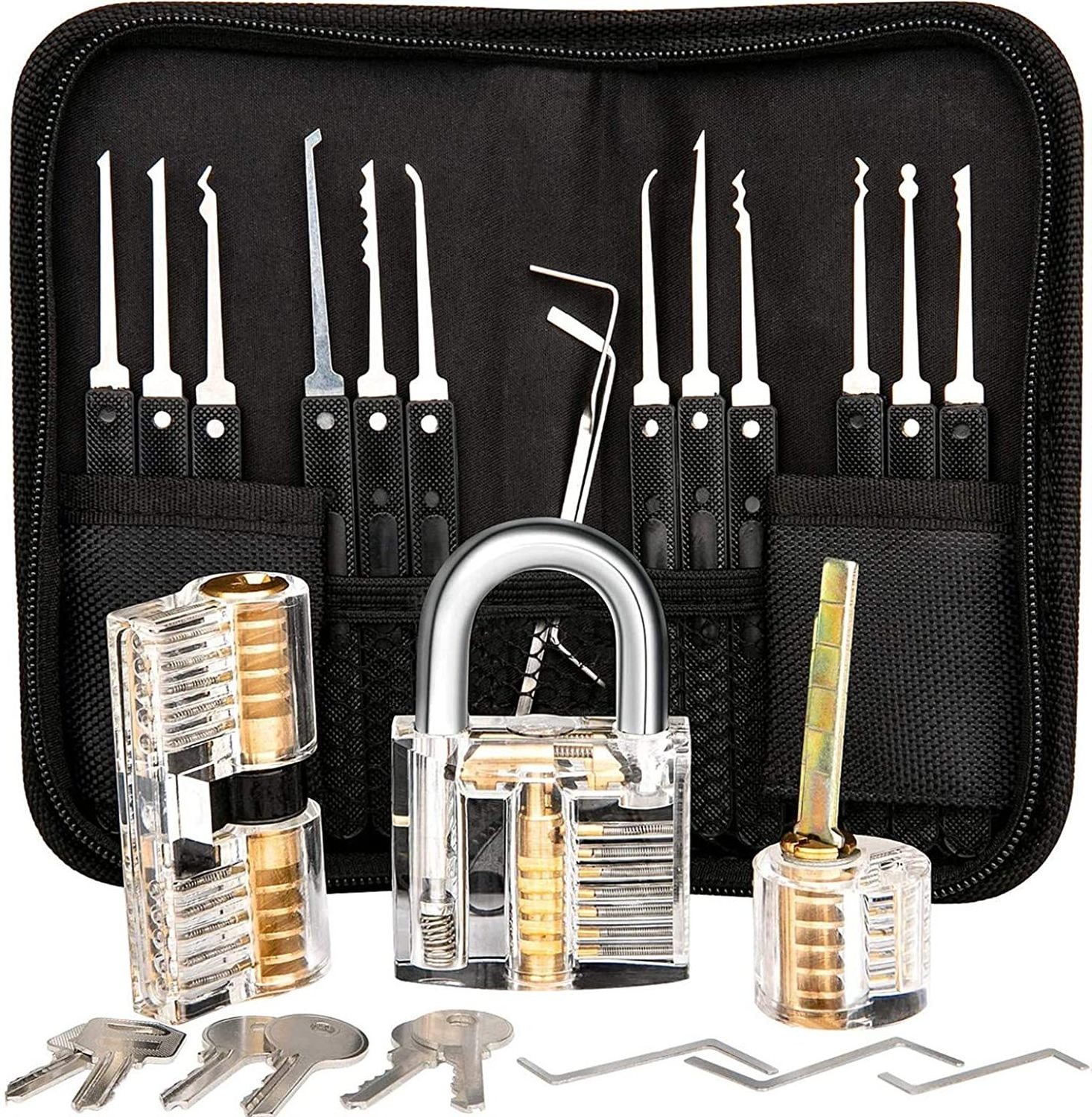 High Quality 12pcs Black Locksmith Tools Lock Pick Set With Transparent Practice Lock Lock Picking Tools