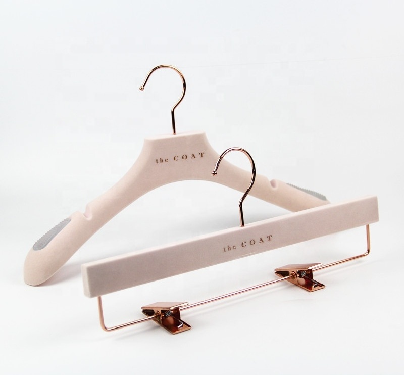 Pink flocking plastic clothes hanger luxury brand velvet coat hanger for clothing