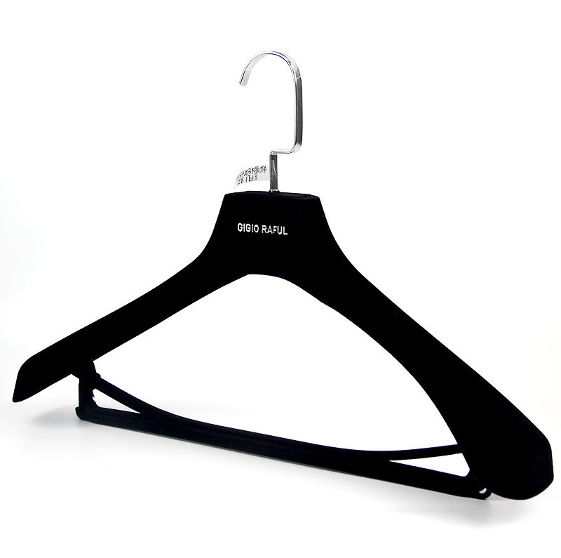 high quality wide shoulder plastic flocking velvet  coat jacket hanger suit  hanger for clothes with pant trouser cross-bar